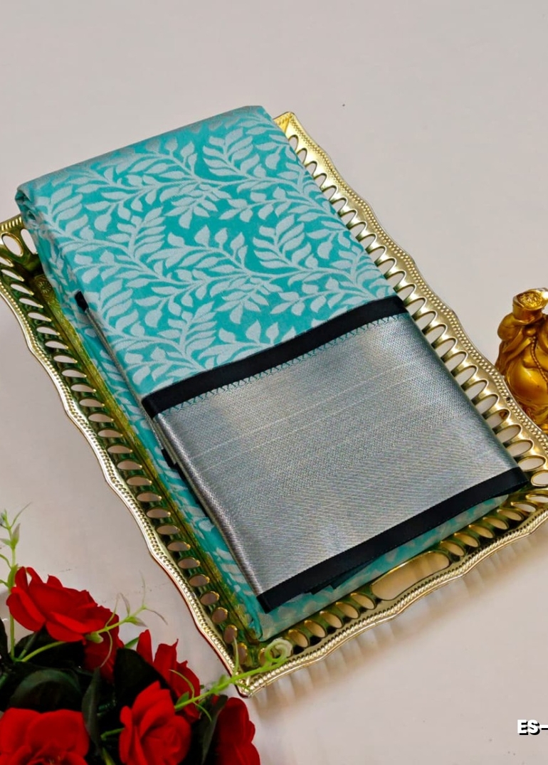 BRIDAL SILK GOLD SILVAR AND COPPER ZARI WEAVE AND WEDDING ART SILK SAREES - TUQUOISE (4)