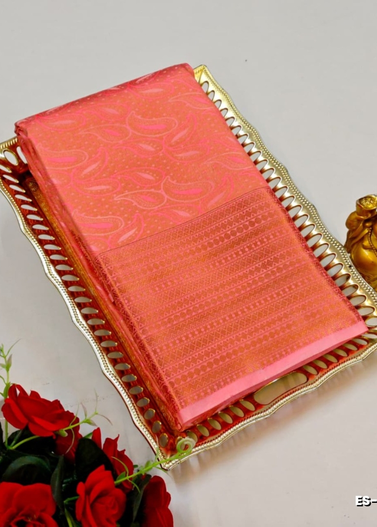 BRIDAL SILK GOLD SILVAR AND COPPER ZARI WEAVE AND WEDDING ART SILK SAREES - LITE PEACH