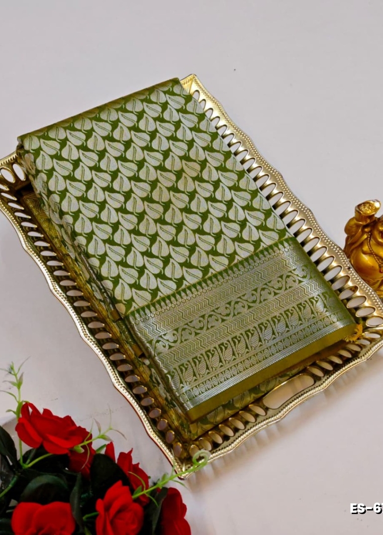 BRIDAL SILK GOLD SILVAR AND COPPER ZARI WEAVE AND WEDDING ART SILK SAREES - OLIVE GREEN (6)