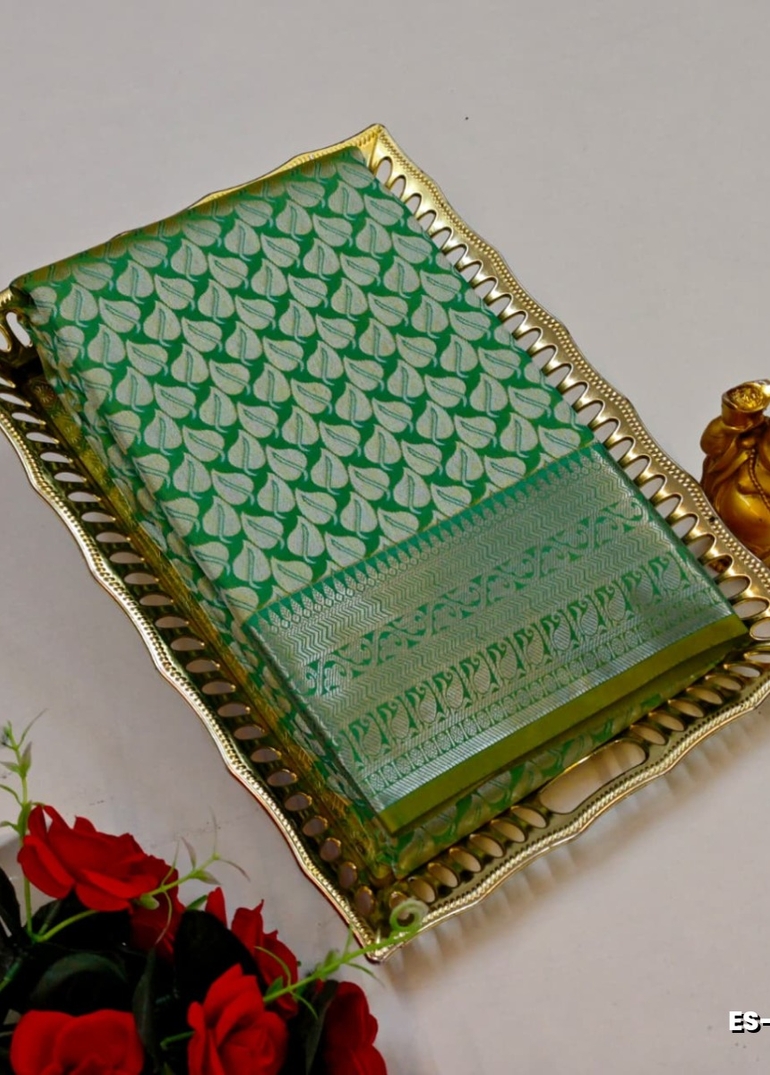 BRIDAL SILK GOLD SILVAR AND COPPER ZARI WEAVE AND WEDDING ART SILK SAREES - EMERALD COLOUR (6)