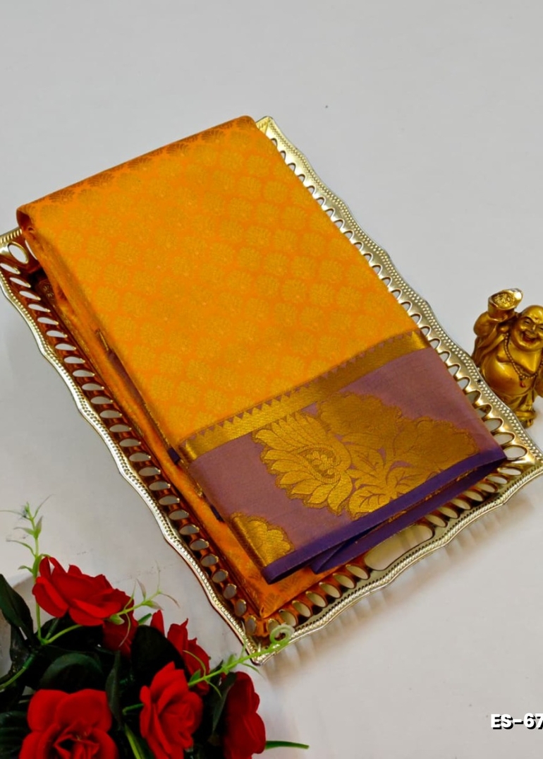 BRIDAL SILK GOLD SILVAR AND COPPER ZARI WEAVE AND WEDDING ART SILK SAREES - TANGERINE COLOUR (2)