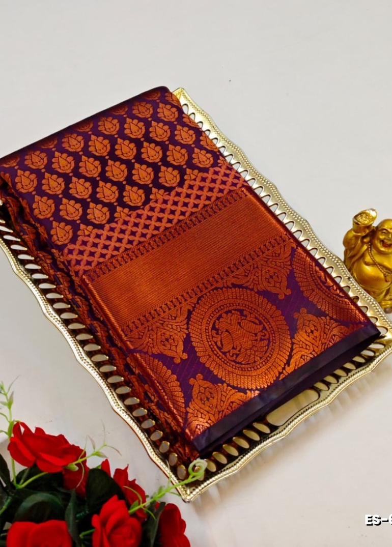 BRIDAL SILK GOLD SILVAR AND COPPER ZARI WEAVE AND WEDDING ART SILK SAREES - PURPLE COLOUR (4)