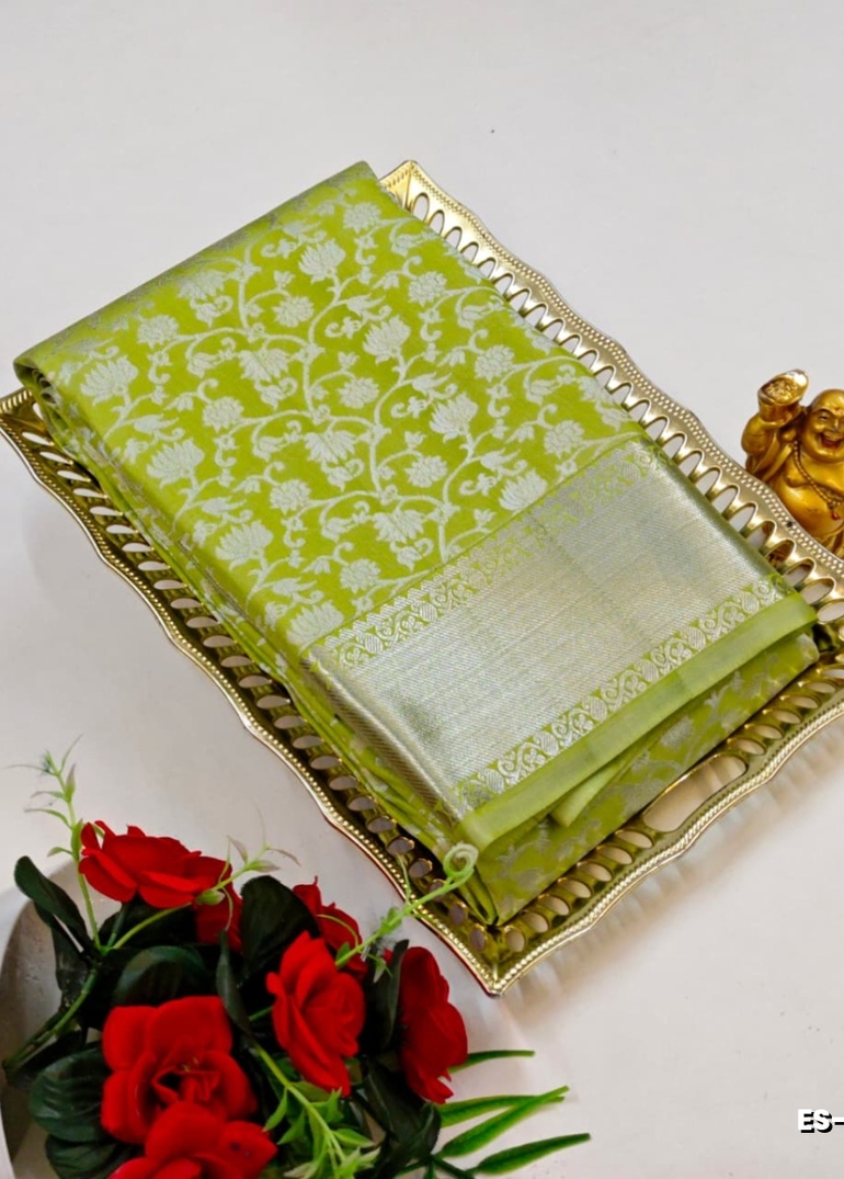 BRIDAL SILK GOLD SILVAR AND COPPER ZARI WEAVE AND WEDDING ART SILK SAREES - LIGHT GREEN (6)