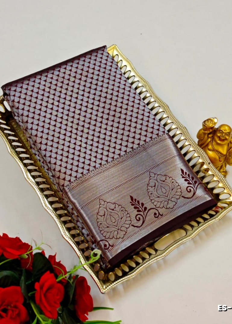 BRIDAL SILK GOLD SILVAR AND COPPER ZARI WEAVE AND WEDDING ART SILK SAREES - COFEE BROWN (2)