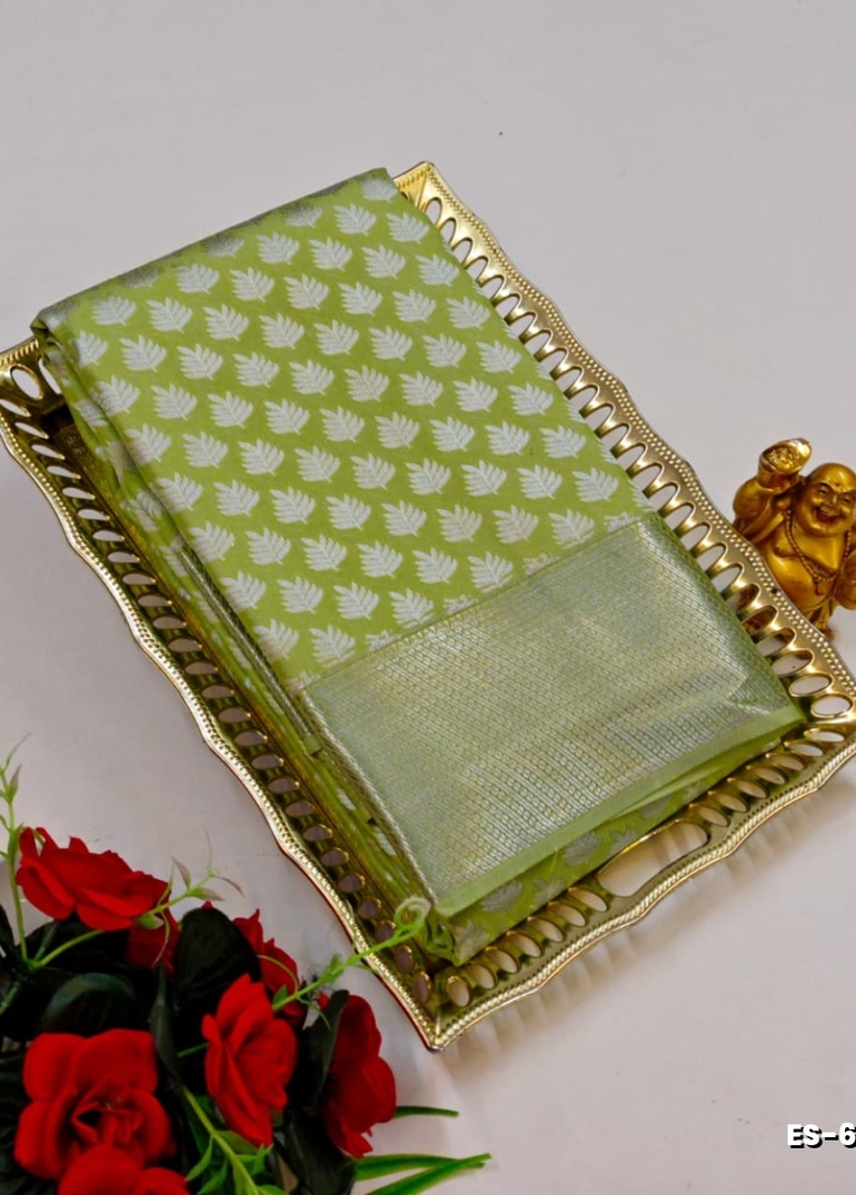 BRIDAL SILK GOLD SILVAR AND COPPER ZARI WEAVE AND WEDDING ART SILK SAREES - LITE GREEN