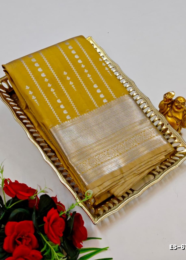 BRIDAL SILK GOLD SILVAR AND COPPER ZARI WEAVE AND WEDDING ART SILK SAREES - LIGHT YELLOW (5)