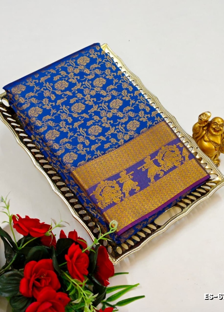 BRIDAL SILK GOLD SILVAR AND COPPER ZARI WEAVE AND WEDDING ART SILK SAREES - BLUE COLOUR (3)