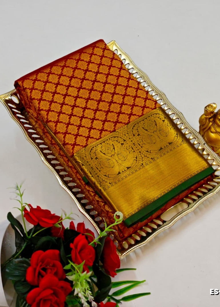 BRIDAL SILK GOLD SILVAR AND COPPER ZARI WEAVE AND WEDDING ART SILK SAREES - MAROON COLOR (1)