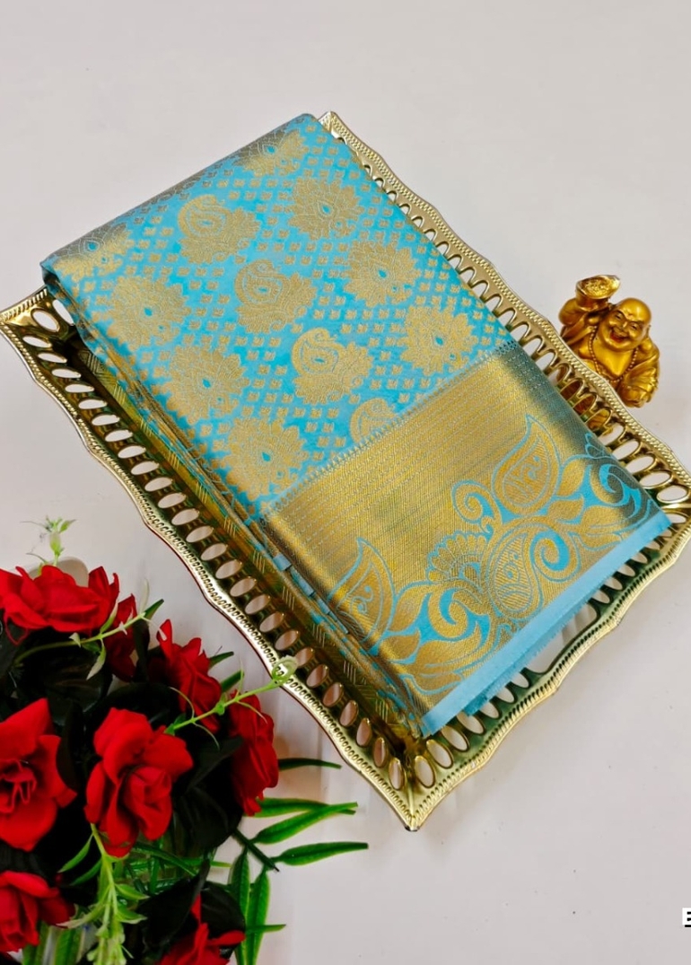 BRIDAL SILK GOLD SILVAR AND COPPER ZARI WEAVE AND WEDDING ART SILK SAREES - SKY BLUE (1)