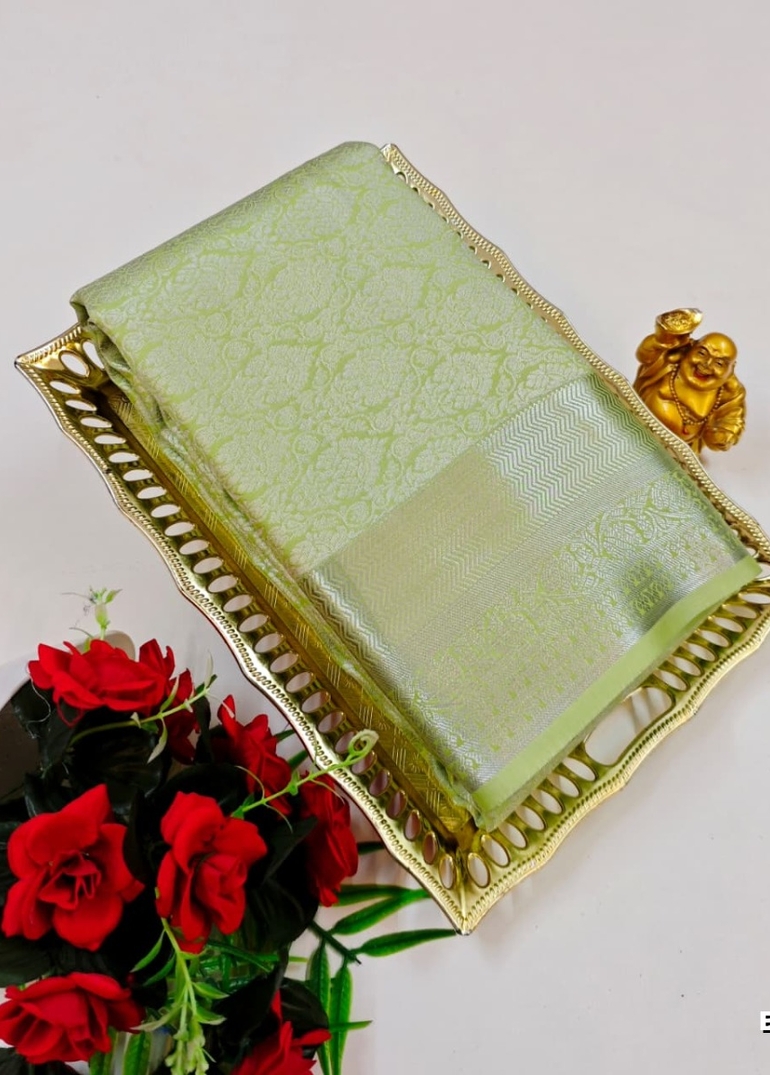 BRIDAL SILK GOLD SILVAR AND COPPER ZARI WEAVE AND WEDDING ART SILK SAREES - LIGHT GREEN (7)