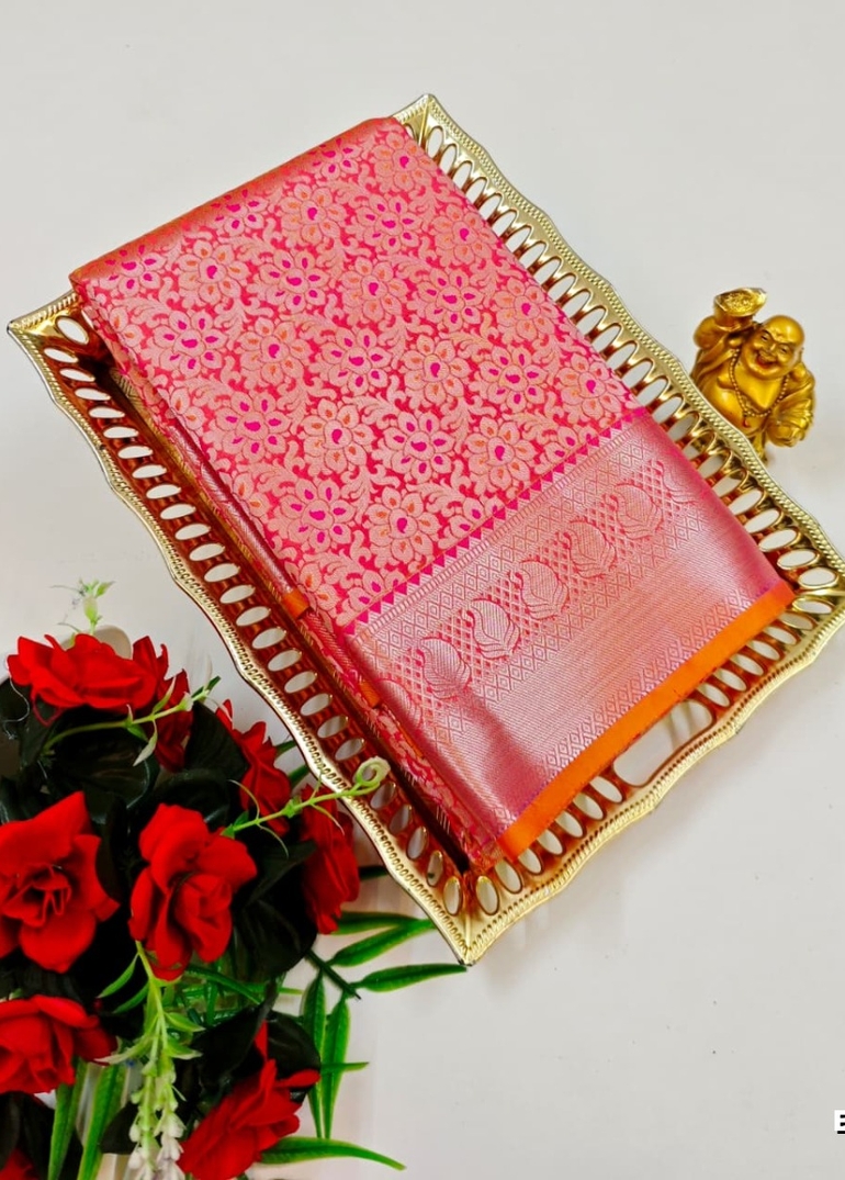 BRIDAL SILK GOLD SILVAR AND COPPER ZARI WEAVE AND WEDDING ART SILK SAREES - CORAL COLOUR (7)