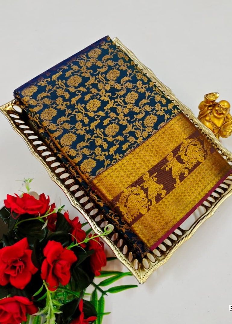 BRIDAL SILK GOLD SILVAR AND COPPER ZARI WEAVE AND WEDDING ART SILK SAREES - PEACKOK BLUE (3)