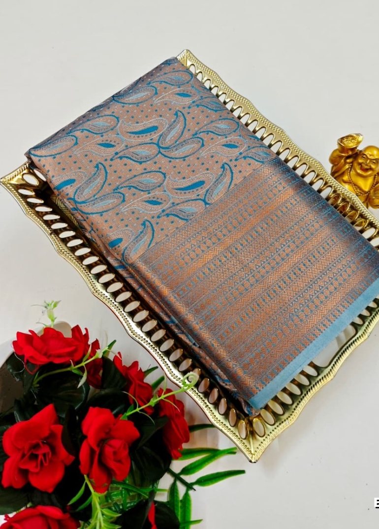 BRIDAL SILK GOLD SILVAR AND COPPER ZARI WEAVE AND WEDDING ART SILK SAREES - TEAL COLOUR (1)