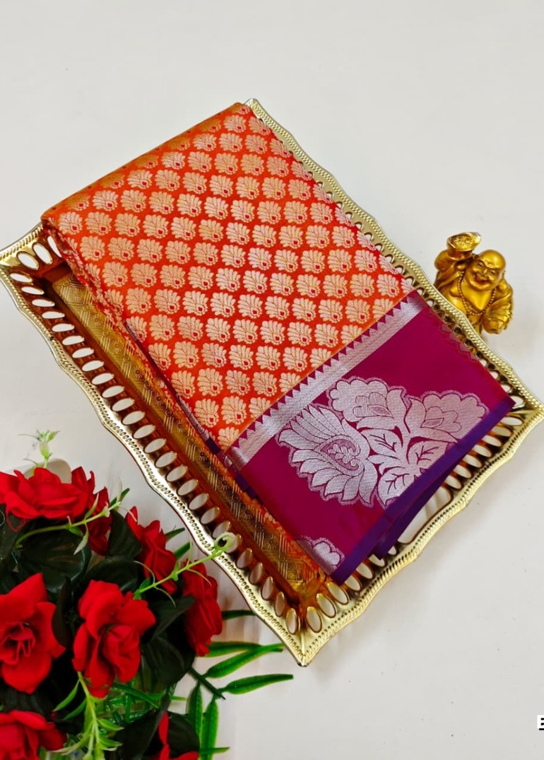 BRIDAL SILK GOLD SILVAR AND COPPER ZARI WEAVE AND WEDDING ART SILK SAREES - ORANGE (10)