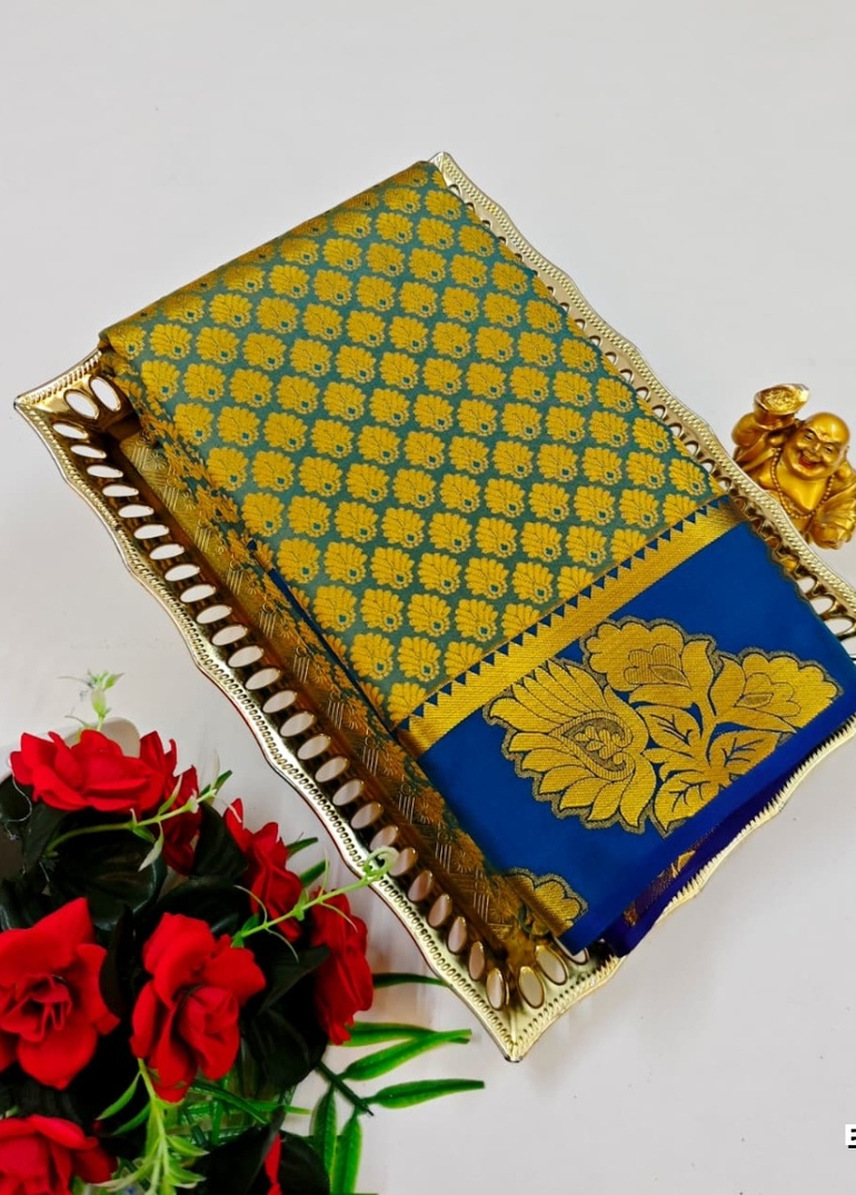 BRIDAL SILK GOLD SILVAR AND COPPER ZARI WEAVE AND WEDDING ART SILK SAREES - GREEN COLOUR (7)