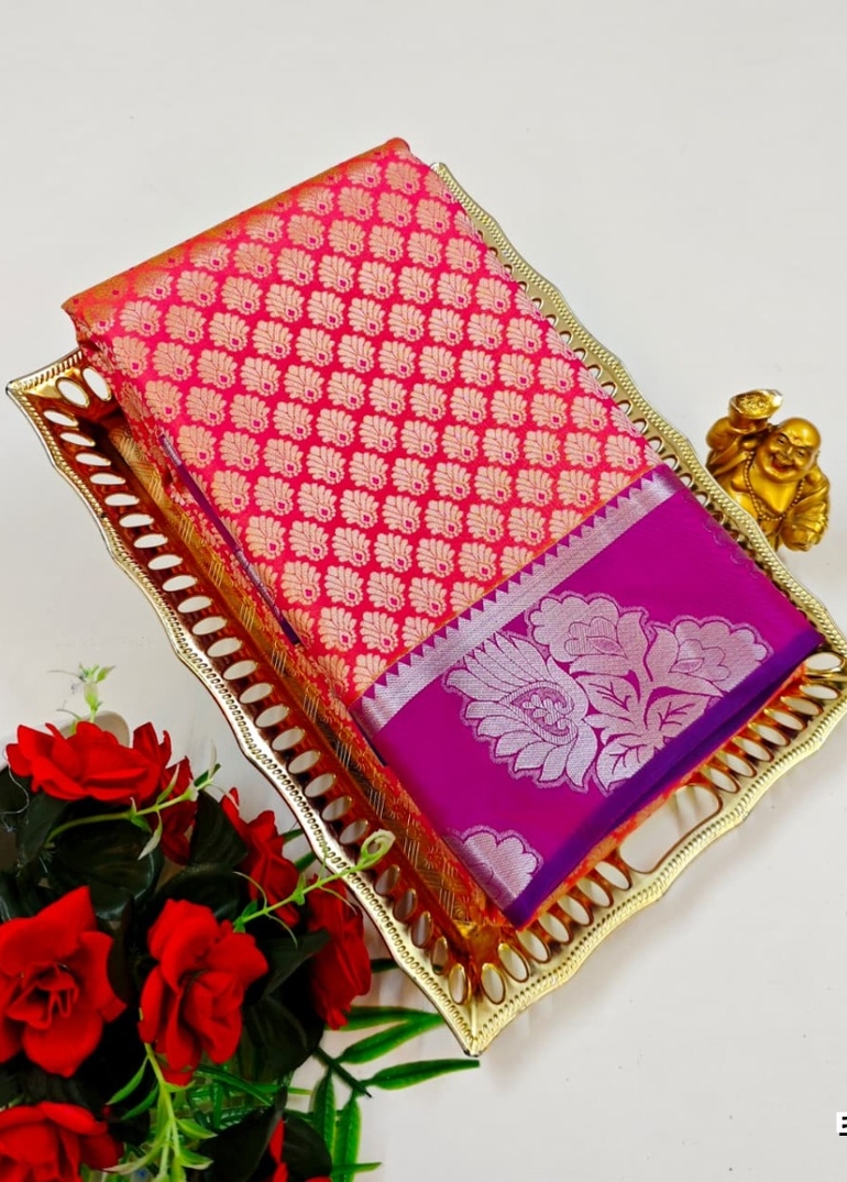 BRIDAL SILK GOLD SILVAR AND COPPER ZARI WEAVE AND WEDDING ART SILK SAREES - LITE PEACH (1)