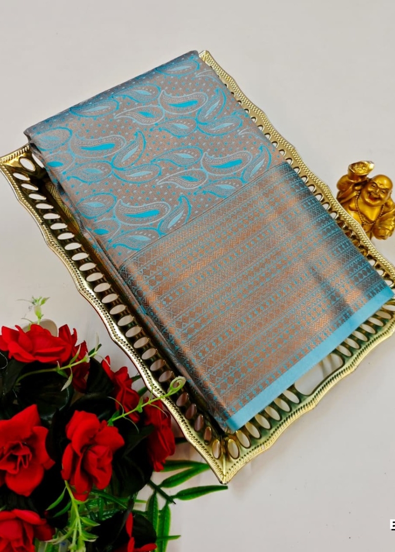 BRIDAL SILK GOLD SILVAR AND COPPER ZARI WEAVE AND WEDDING ART SILK SAREES - LIGHT SKY BLUE (2)