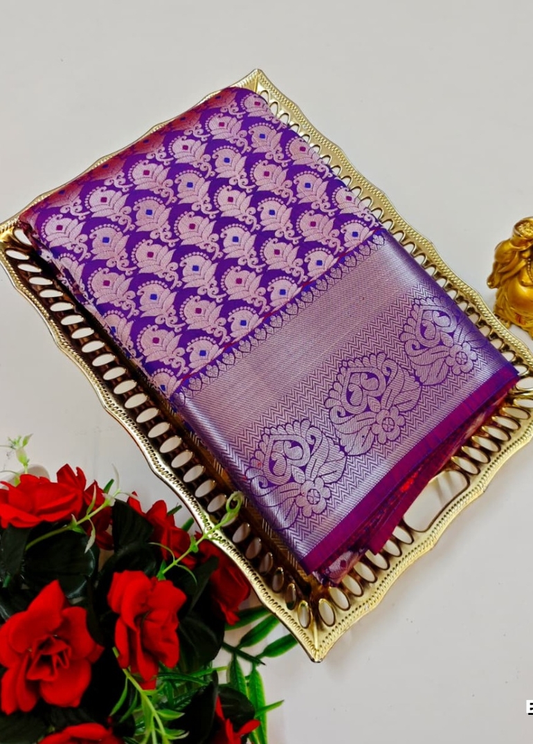 BRIDAL SILK GOLD SILVAR AND COPPER ZARI WEAVE AND WEDDING ART SILK SAREES - PLUM COLOUR (2)