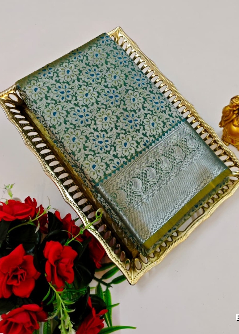 BRIDAL SILK GOLD SILVAR AND COPPER ZARI WEAVE AND WEDDING ART SILK SAREES - LIGHT GREEN SHADE (5)