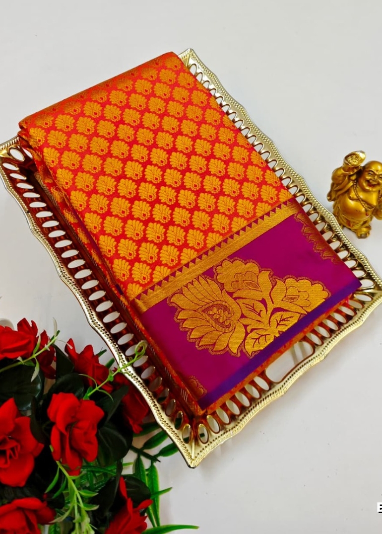 BRIDAL SILK GOLD SILVAR AND COPPER ZARI WEAVE AND WEDDING ART SILK SAREES - ORANGE N (10)