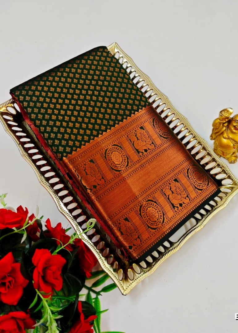 BRIDAL SILK GOLD SILVAR AND COPPER ZARI WEAVE AND WEDDING ART SILK SAREES - BOTTLE GREEN (1)