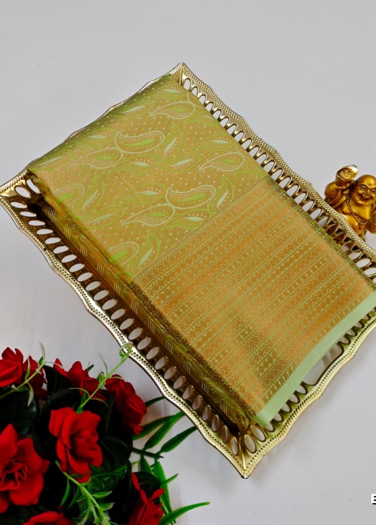 BRIDAL SILK GOLD SILVAR AND COPPER ZARI WEAVE AND WEDDING ART SILK SAREES - LITE GREEN (1)