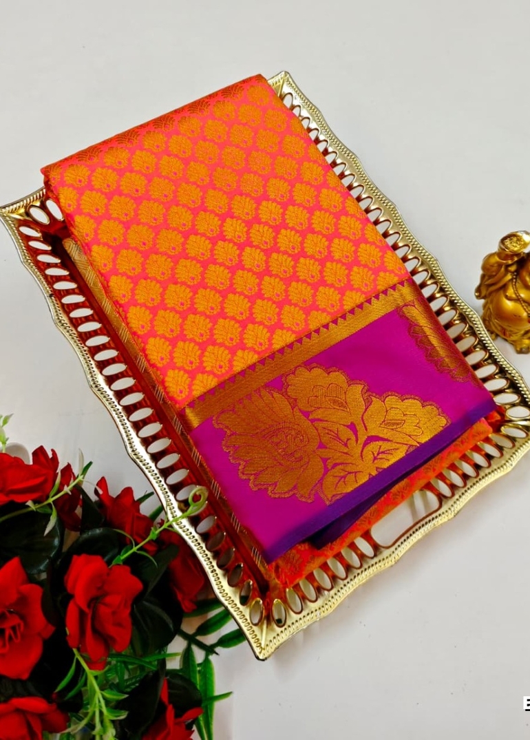 BRIDAL SILK GOLD SILVAR AND COPPER ZARI WEAVE AND WEDDING ART SILK SAREES - CORAL COLOUR (8)