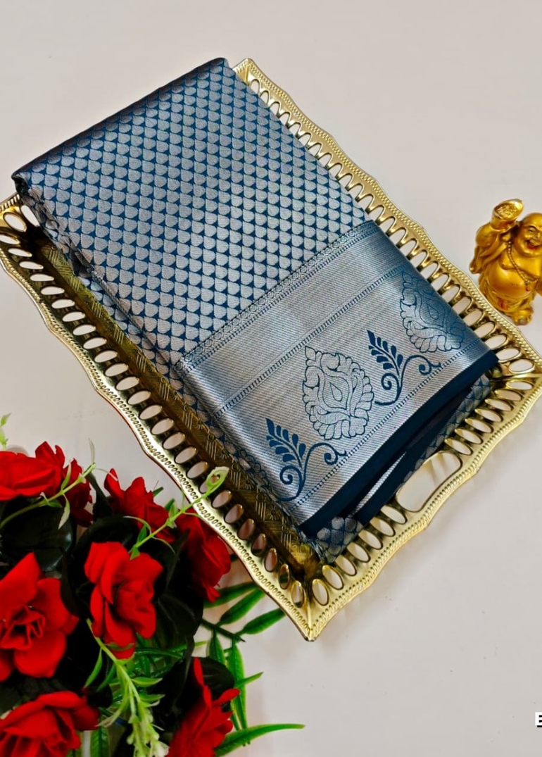 BRIDAL SILK GOLD SILVAR AND COPPER ZARI WEAVE AND WEDDING ART SILK SAREES - PEACKOK BLUE (4)