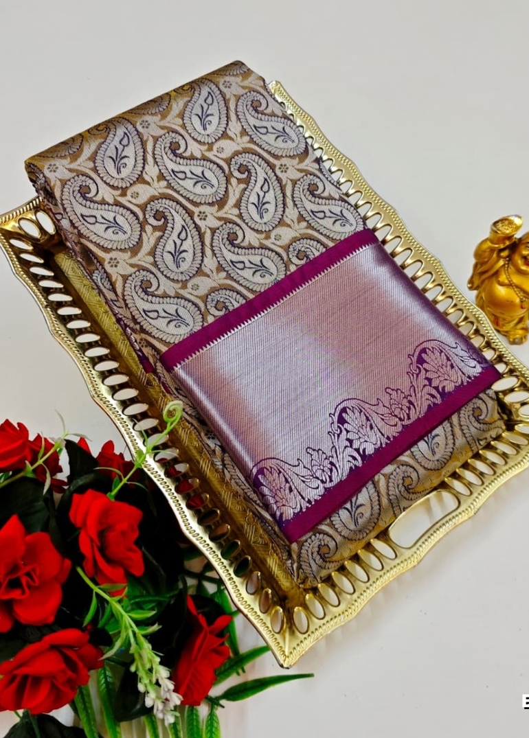 BRIDAL SILK GOLD SILVAR AND COPPER ZARI WEAVE AND WEDDING ART SILK SAREES - BROWN (3)