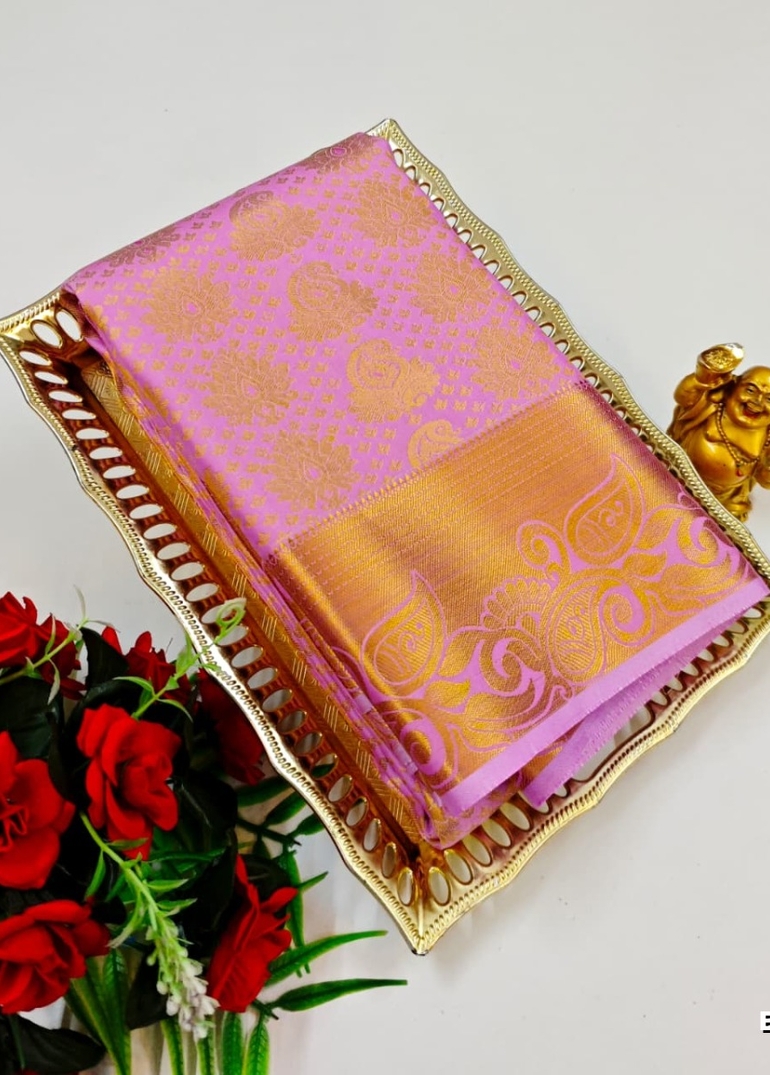 BRIDAL SILK GOLD SILVAR AND COPPER ZARI WEAVE AND WEDDING ART SILK SAREES - MAUVE COLOUR (7)