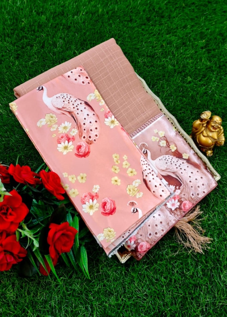 GEORGETTE FANCY SOFT SILK SAREES WITH BLOUSE  PEACOCK DESIGN MODERN FANCY ITEM SAREES - CREAM COLOR