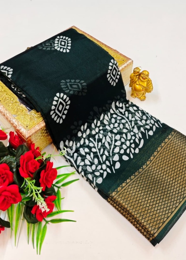 Dailywear cotton sarees premium look lightweight comfortable wear - BOTTLE GREEN (7)