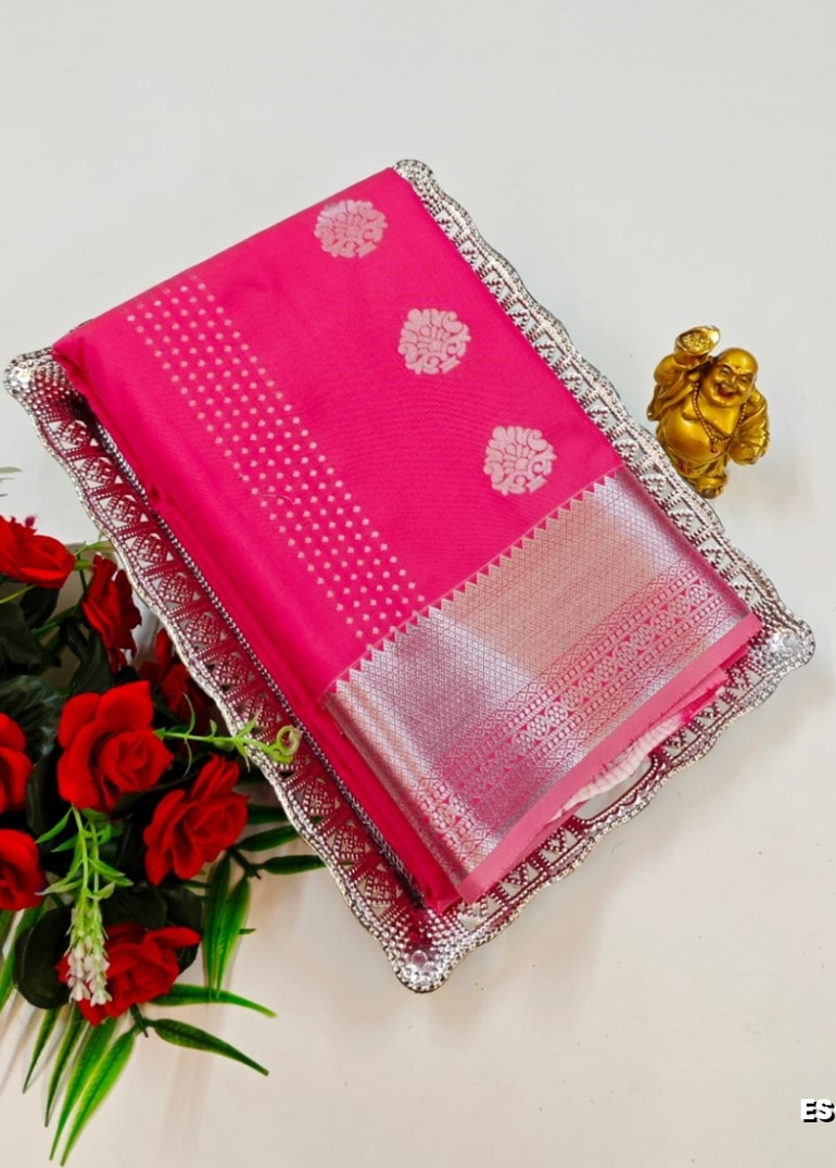 BRIDAL SILK GOLD SILVAR AND COPPER ZARI WEAVE AND WEDDING ART SILK SAREES - LIGHT PINK (20)