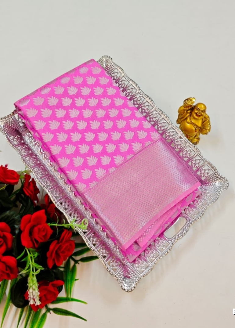 BRIDAL SILK GOLD SILVAR AND COPPER ZARI WEAVE AND WEDDING ART SILK SAREES - PINK (9)
