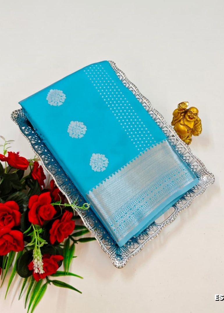 BRIDAL SILK GOLD SILVAR AND COPPER ZARI WEAVE AND WEDDING ART SILK SAREES - DARK SKY BLUE (2)