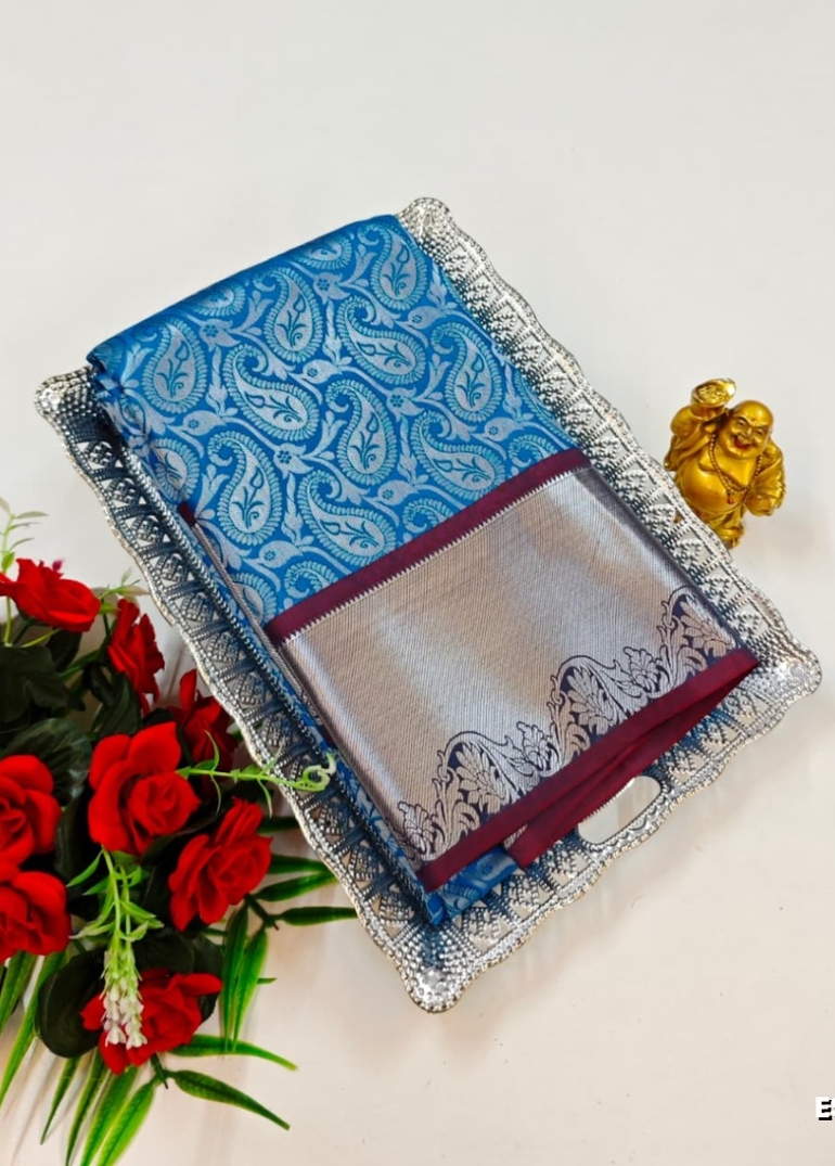 BRIDAL SILK GOLD SILVAR AND COPPER ZARI WEAVE AND WEDDING ART SILK SAREES - BLUE SHADE (4)