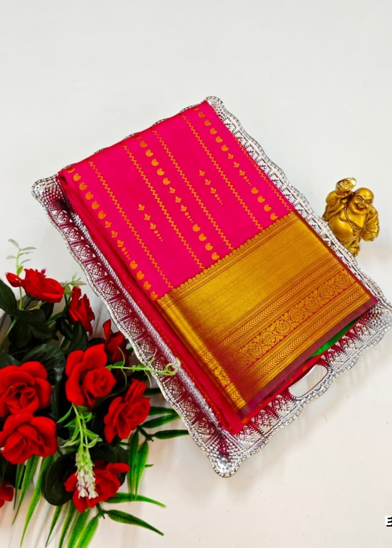 BRIDAL SILK GOLD SILVAR AND COPPER ZARI WEAVE AND WEDDING ART SILK SAREES - RUBY COLOUR (3)