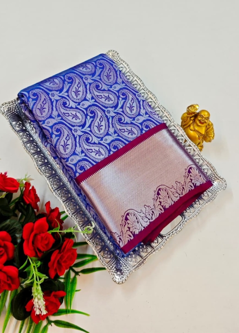BRIDAL SILK GOLD SILVAR AND COPPER ZARI WEAVE AND WEDDING ART SILK SAREES - ROYAL BLUE (6)