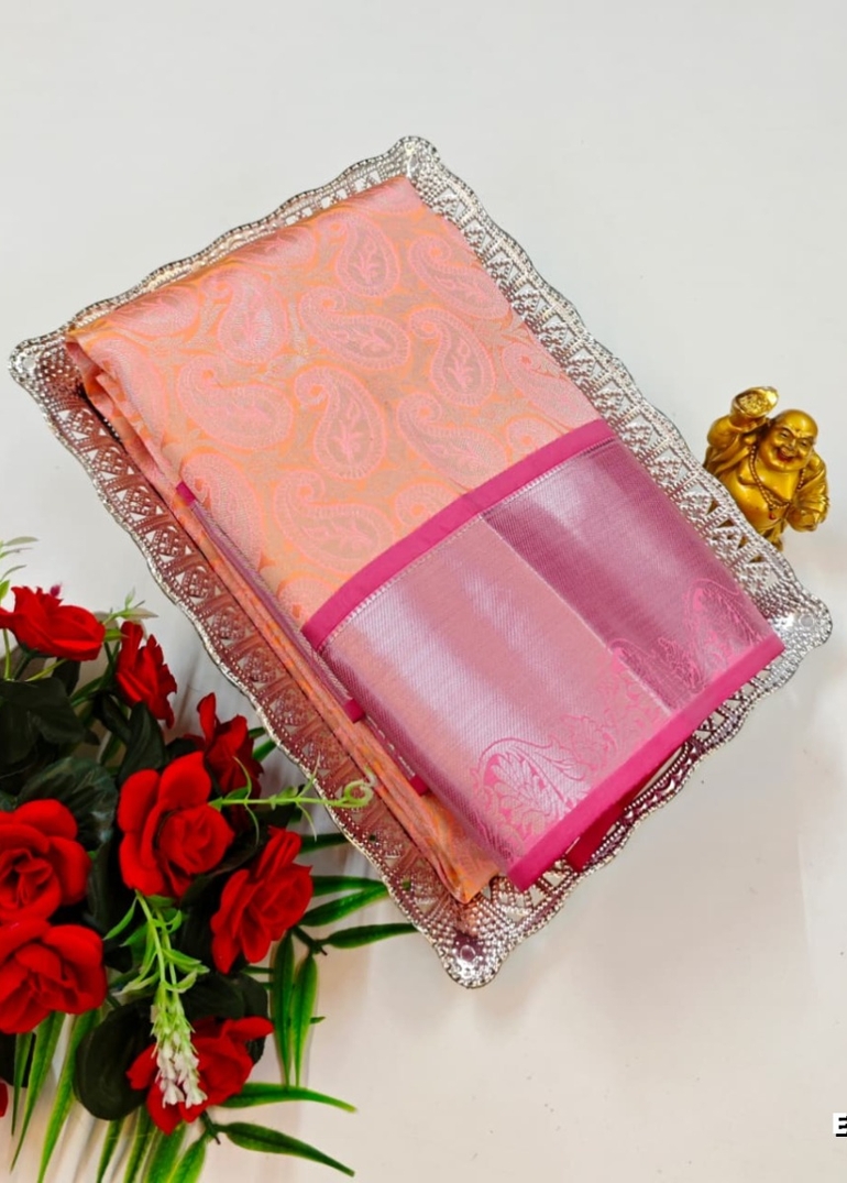 BRIDAL SILK GOLD SILVAR AND COPPER ZARI WEAVE AND WEDDING ART SILK SAREES - LITE PEACH (2)