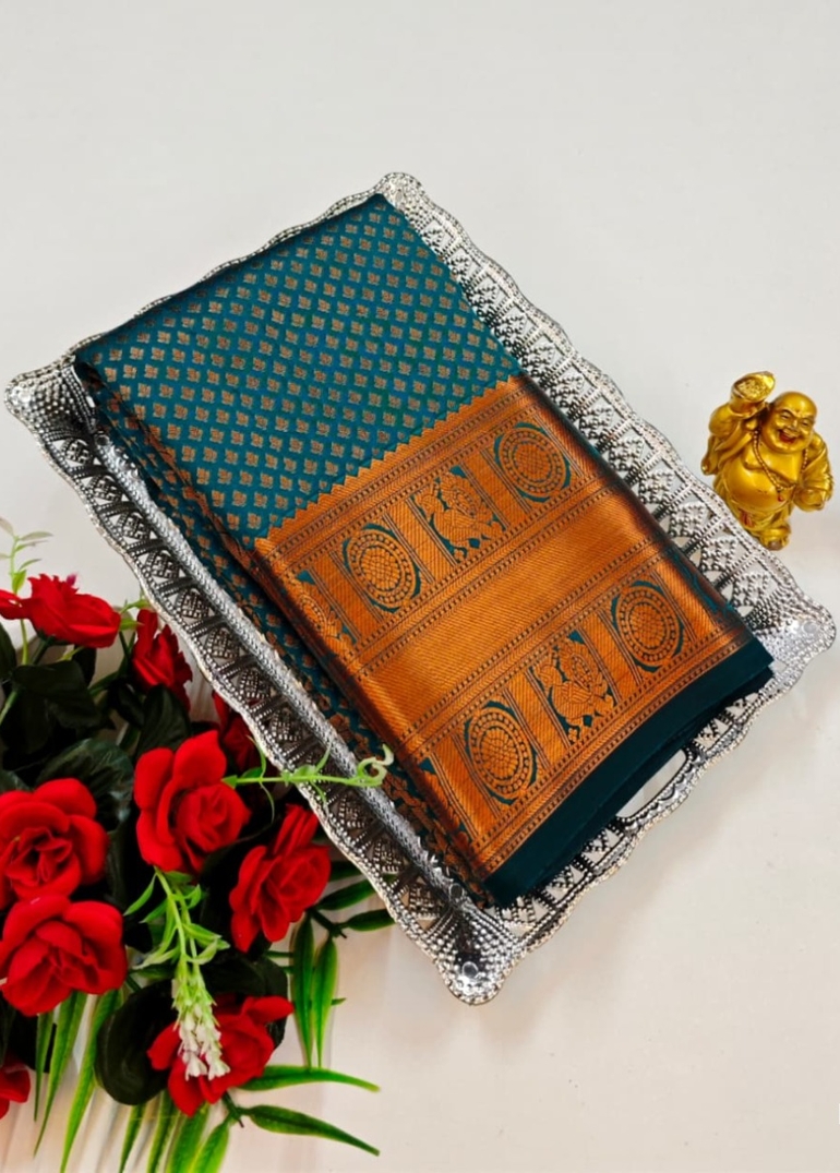 BRIDAL SILK GOLD SILVAR AND COPPER ZARI WEAVE AND WEDDING ART SILK SAREES - PEACOCK GREEN