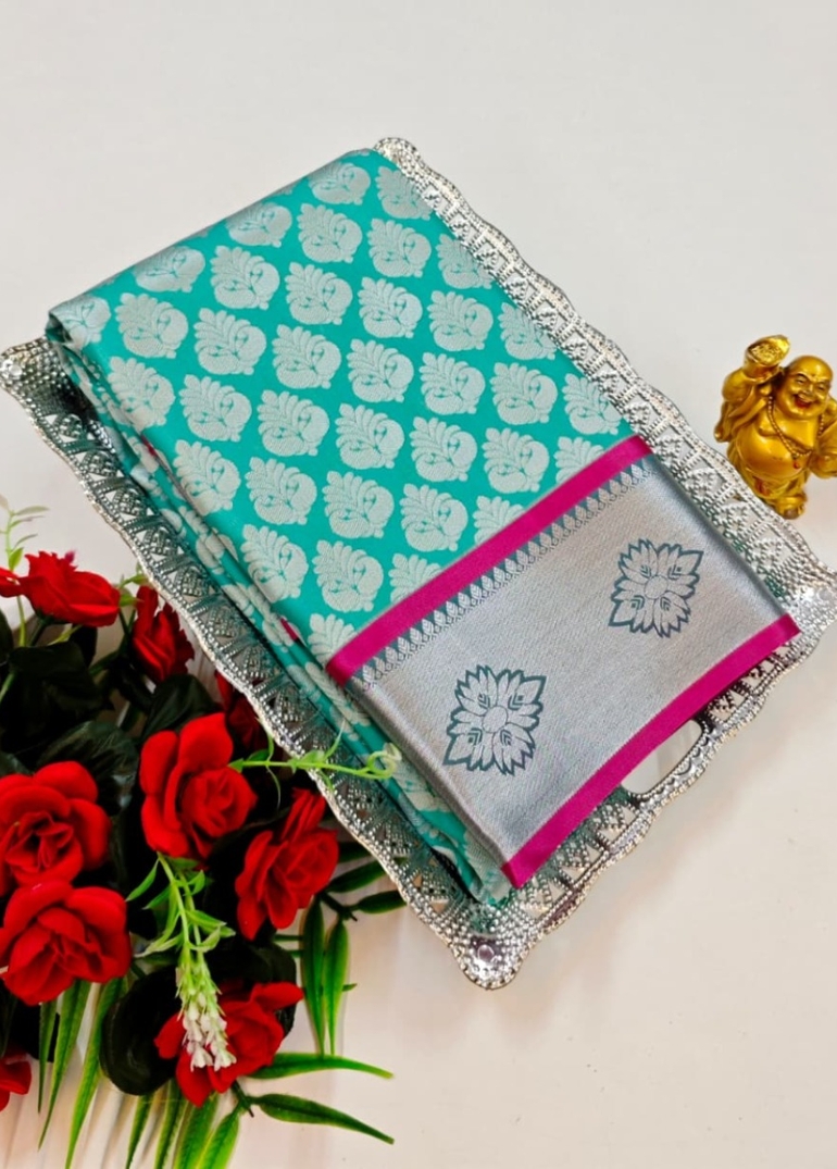 BRIDAL SILK GOLD SILVAR AND COPPER ZARI WEAVE AND WEDDING ART SILK SAREES - TUQUOISE (5)