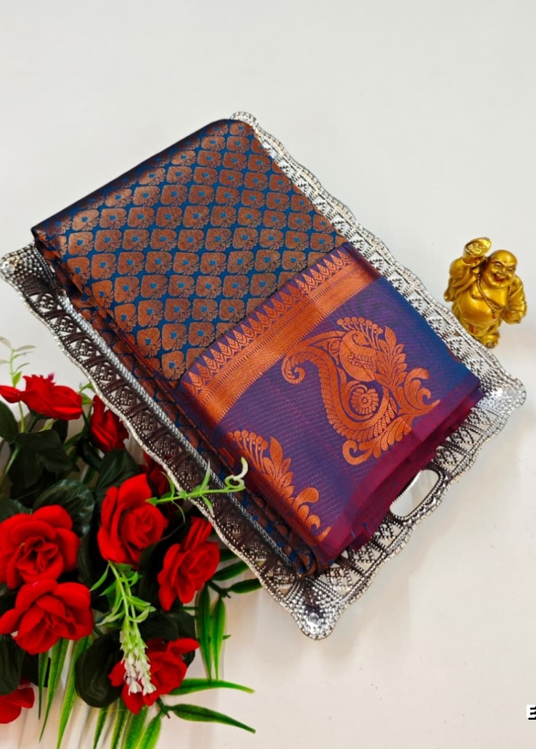 BRIDAL SILK GOLD SILVAR AND COPPER ZARI WEAVE AND WEDDING ART SILK SAREES - PEACKOK BLUE (5)