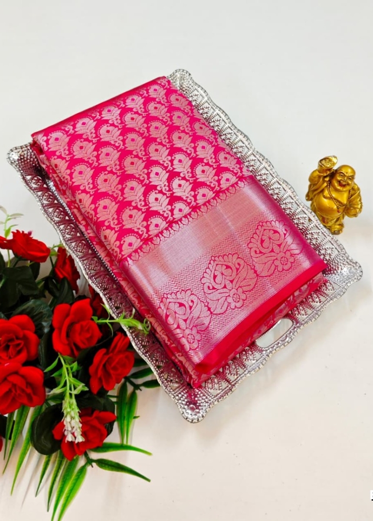 BRIDAL SILK GOLD SILVAR AND COPPER ZARI WEAVE AND WEDDING ART SILK SAREES - RUBY COLOUR (4)