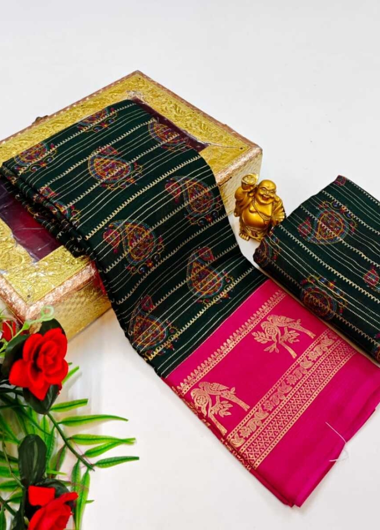 Foil print saree - BOTTLE GREEN