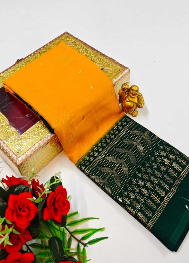 Designer Party Wear Chiffon Foil Print Saree - YELLOW COLOR