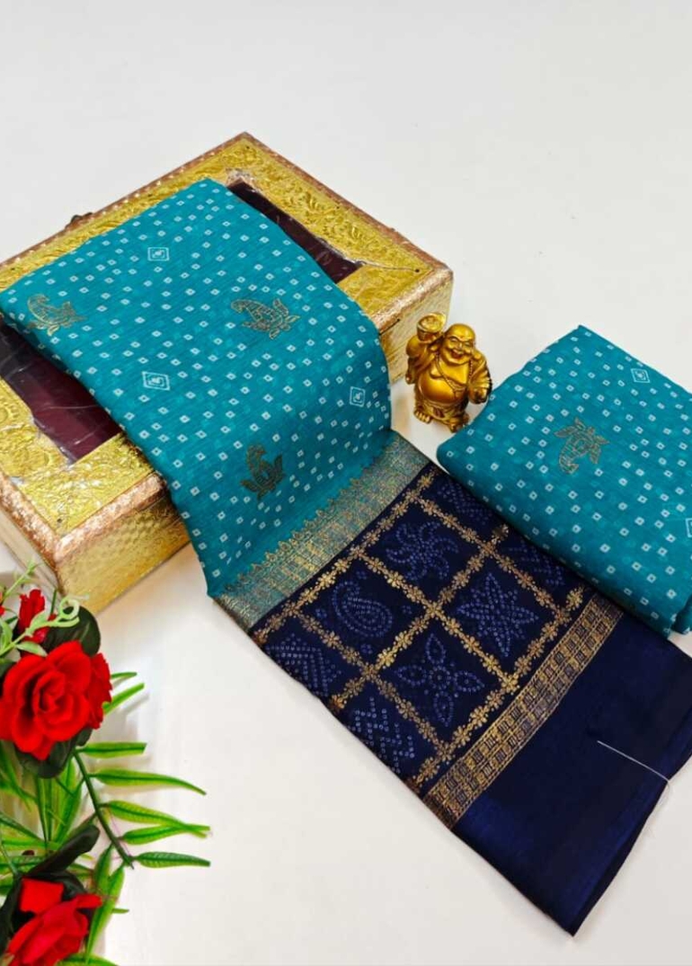 Designer Party Wear Chiffon Foil Print  saree - PEACOCK GREEN