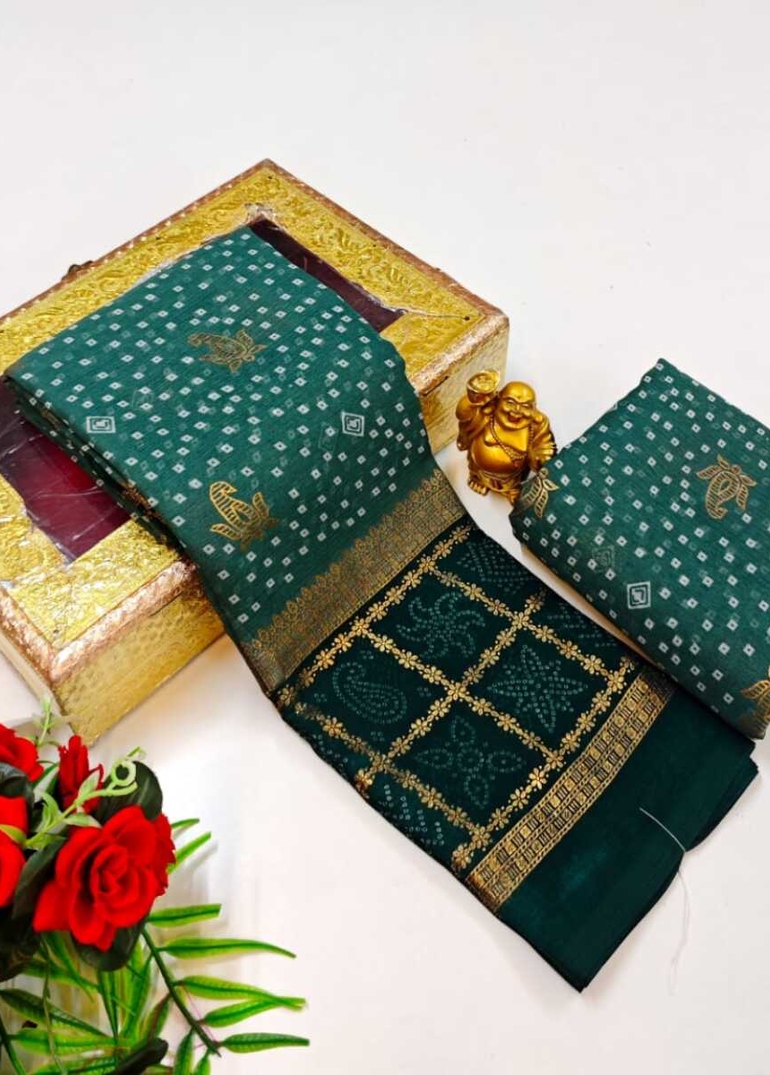Designer Party Wear Chiffon Foil Print Saree - BOTTLE GREEN