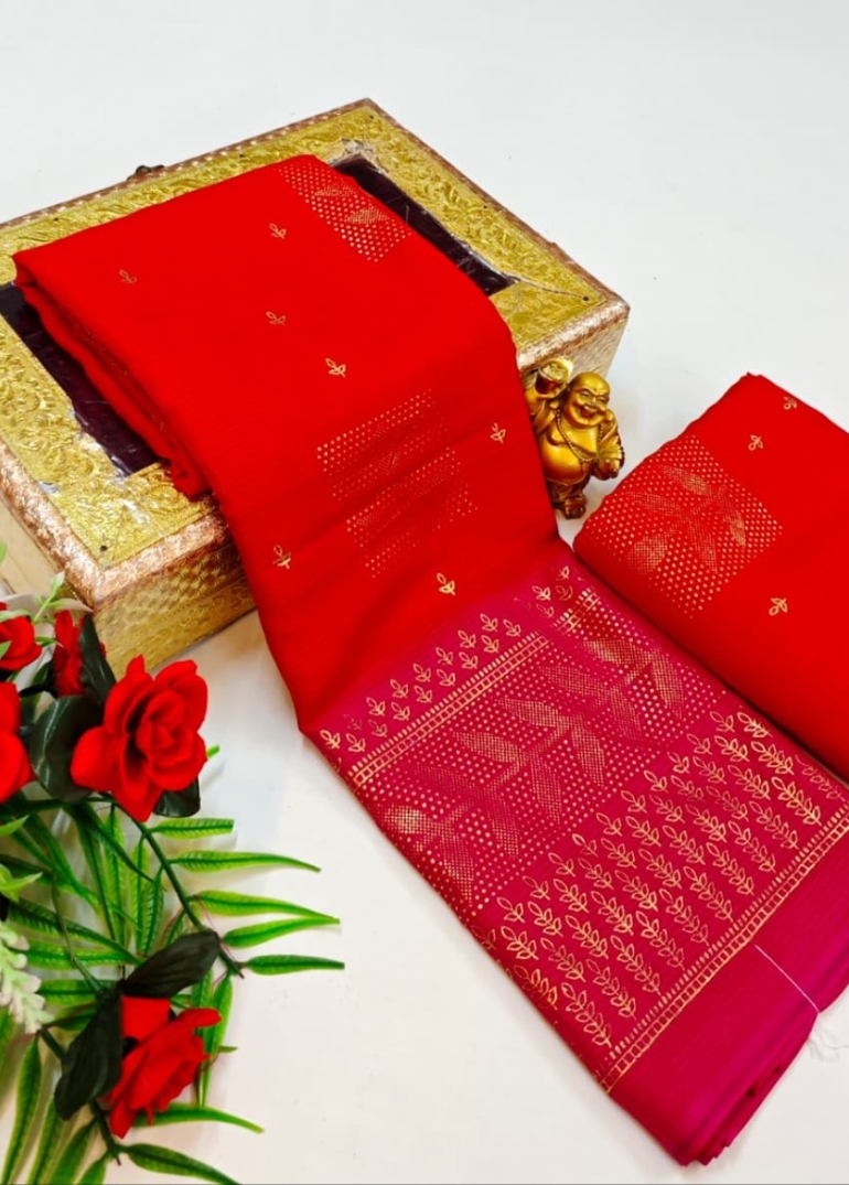 Designer party wear chiffon foil print saree - RED (2)