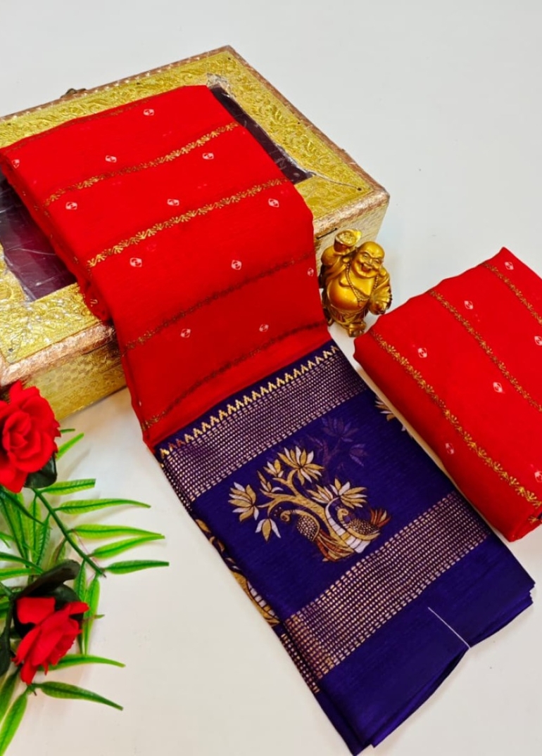 Designer party wear chiffon foil print saree - RED (3)