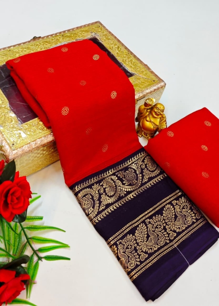 Designer party wear chiffon foil print saree - RED (5)